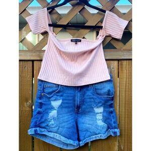 Kendall & Kylie Crop Top & Denim Shorts Set Distressed Blue Medium Summer Outfit